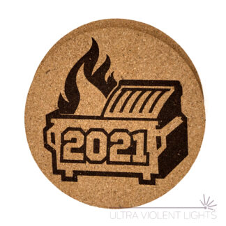 Dumpster fire 2021 on two cork coasters