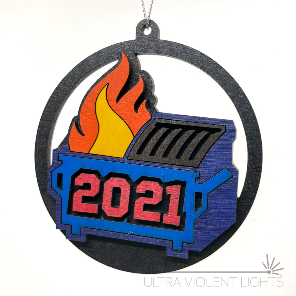 2021 painted dumpster fire ornament on white