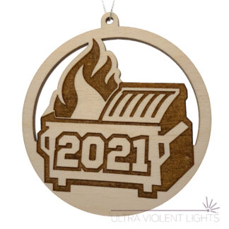 2021 engraved dumpster fire ornament on white